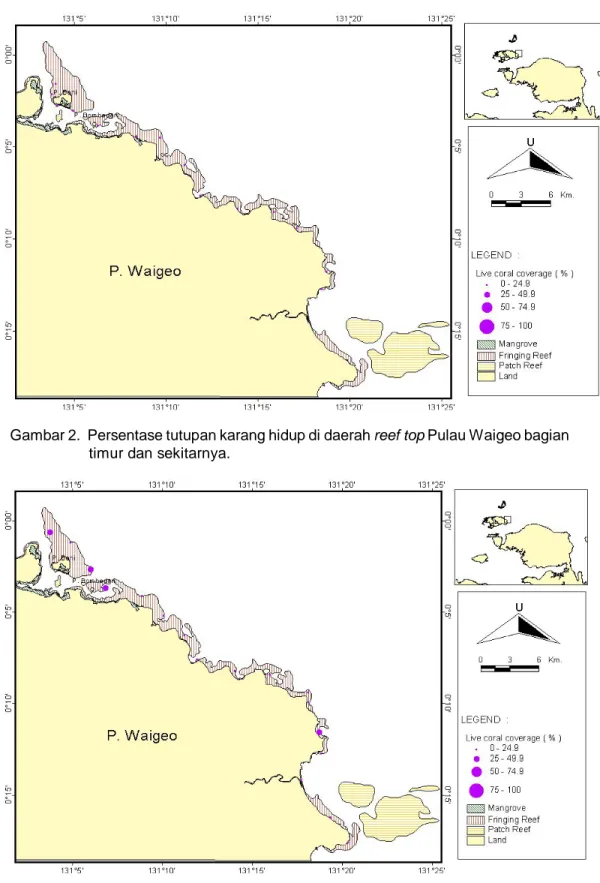 Gambar 3. Persentase tutupan karang hidup di daerah reef edge Pulau Waigeo bagian                  timur dan sekitarnya