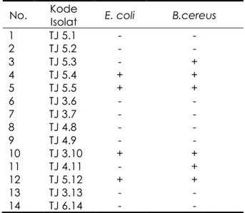 Tabel  1.  Skrining  aktivitas  antagonis  isolat  bakteri  simbion  Balanus  amphitrite  terhadap  Escherichia  coli  dan  Bacillus cereus 