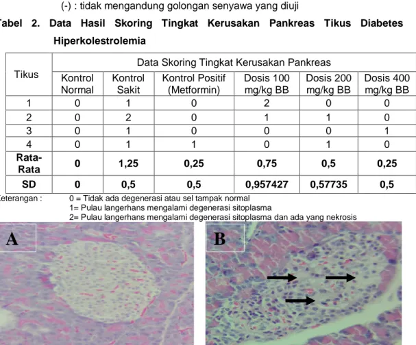Tabel  2.  Data  Hasil  Skoring  Tingkat  Kerusakan  Pankreas  Tikus  Diabetes  Hiperkolestrolemia 
