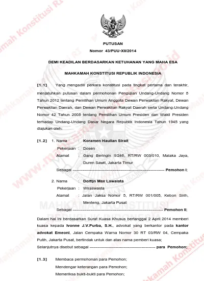 PUTUSAN Nomor 43/PUU-XII/2014 DEMI KEADILAN BERDASARKAN KETUHANAN YANG ...