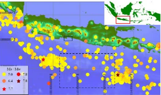 Gambar 1.1 Gempa (Titik) &amp; Tsunami Berikutnya (Bintang) &amp; Seismic Gap   (Kongko, W., 2011)