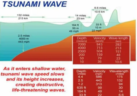 Gambar 2.1. Hubungan Kecepatan dan Amplitudo Gelombang Tsunami di  Tengah Lautan dan Setelah Sampai di Pantai (BMG, 2006) 