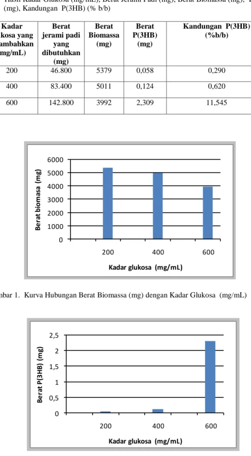 Tabel 5.    Hasil Kadar Glukosa (mg/mL), Berat Jerami Padi (mg), Berat Biomassa (mg),  Berat P(3HB)  (mg), Kandungan  P(3HB) (% b/b)   No  Kadar  glukosa yang  ditambahkan  (mg/mL)  Berat  jerami padi yang dibutuhkan  (mg)  Berat  Biomassa (mg)  Berat  P(3