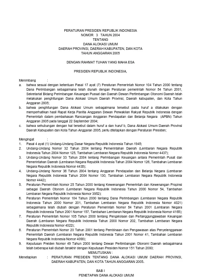 PERATURAN PRESIDEN REPUBLIK INDONESIA NOMOR 3 TAHUN 2004 TENTANG DANA ...