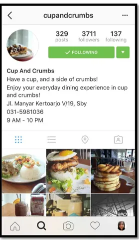 Gambar 4.2 Instagram Cup and Crumbs Downtown Cafe  Sumber : Instagram @cupandcrumbs, 2016 