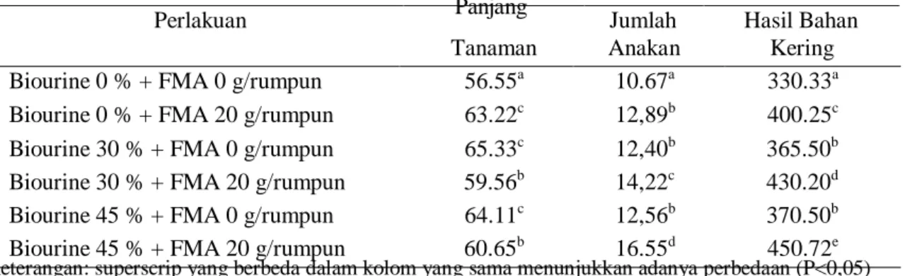 Tabel 1. Rataan Panjang Tanaman (cm/rumpun), Jumlah Anakan (anakan/rumpun dan Hasil Bahan  Kering (gram/petak) pada Berbagai Perlakuan Biourin dengan Fungi Mikoriza Arbuskula  pada Lahan Bekas Tambang Batubara 