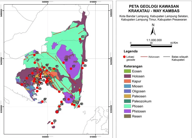 Gambar 2 Peta geologi berdasarkan umur geologi dan titik-titik lokasi geodiversity di sekitar Kawasan Kandidat Geopark  Krakatau-Way Kambas (Modifikasi Mangga dkk, 1993 dan Gafoer dkk, 1993)
