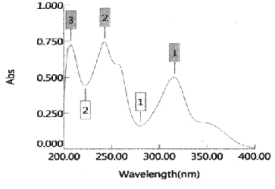 Gambar  2.  Spektrum  serapan  α-mangostin  dalam  pelarut  metanol  pada  panjang  gelombang maksimum 243 nm  