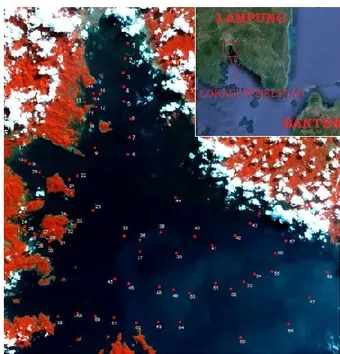 Gambar 1.  Hasil Survei di Teluk Lampung  dan Lokasi Sebanyak 68 Titik Pengamatan,  Citra Landsat-8 adalah  Komposit  RGB 532  Rekaman Tanggal 4 Juni 2015 