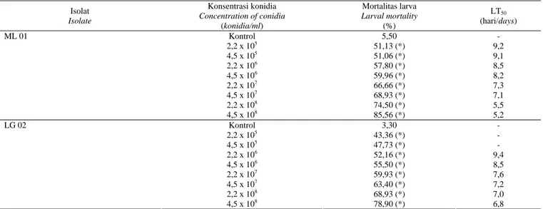 Tabel 1. Persentase mortalitas dan LT 50  larva H. armigera pada berbagai konsentrasi konidia isolat ML 01 dan LG 02   Table 1