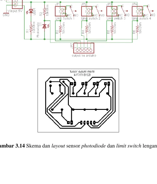 Gambar 3.14 Skema dan layout sensor photodiode dan limit switch lengan L 