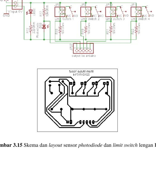 Gambar 3.15 Skema dan layout sensor photodiode dan limit switch lengan KG 