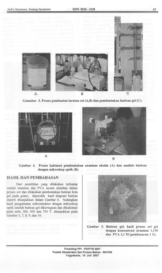 Gambar 4. Proses kalsinasi pembentukan uranium oksida (A) dan analisis butiran dengan mikroskop optik (B).