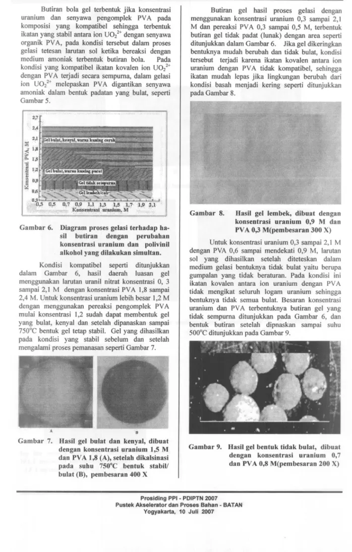 Gambar 6. Diagram proses gelasi terhadap ha- ha-sil butiran dengan perubahan konsentrasi uranium dan polivinil alkohol yang dilakukan simultan.