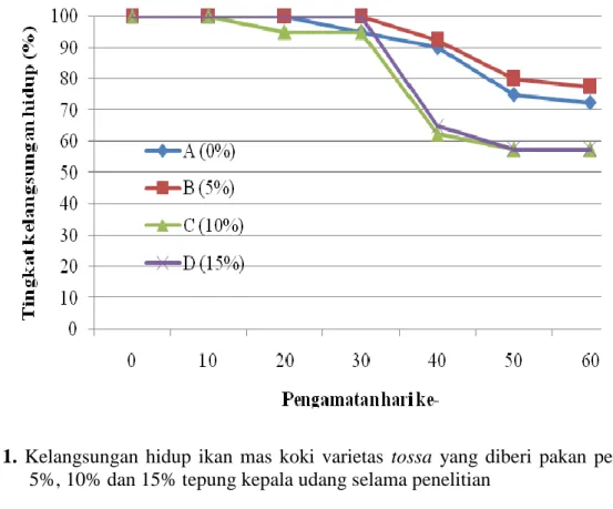 Gambar  1.  Kelangsungan  hidup  ikan  mas  koki  varietas  tossa  yang  diberi  pakan  perlakuan  0%,  5%, 10% dan 15% tepung kepala udang selama penelitian 
