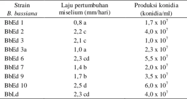 Gambar  3  menunjukkan  bahwa  BbLd  ada- ada-lah  strain  B.  bassiana  yang  kurang  patogenik   ka-rena pada konsentrasi konidia terendah (1 x 10 8   ko-nidia/ml) hingga tertinggi (1 x 10 11  konidia/ml)  se-cara  keseluruhan hanya  menyebabkan persen  