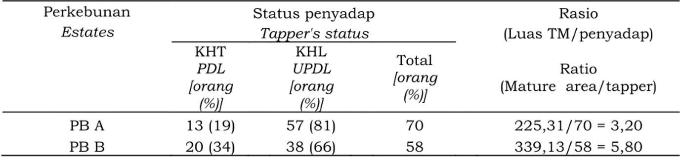 Tabel 2. Rasio luas TM dengan jumlah penyadap (ha/penyadap) Table 2. Ratio of mature area and tappers (ha/tappers)