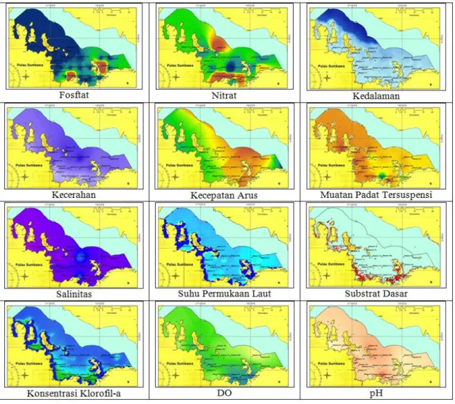 Gambar 3. Sebaran spasial kualitas perairan Teluk Saleh, Sumbawa, NTB  Figure 3. Spatial distribution of water quality in Saleh Bay, NTB 