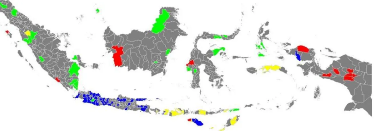 Gambar 5. Peta Hasil Segmentasi Wilayah pada 100 Kabupaten/Kota Prioritas untuk Intervensi Stunting  Berdasarkan Variabel Program 1000 HPK 