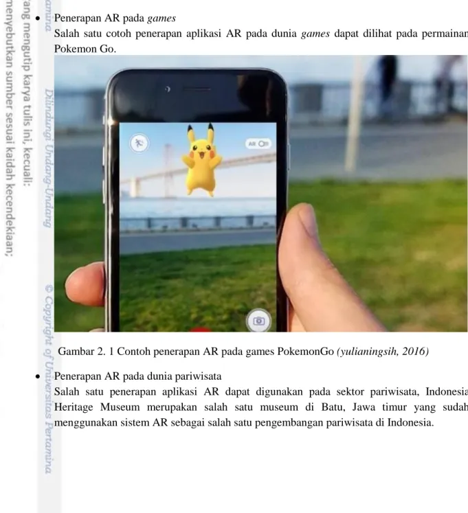 Gambar 2. 1 Contoh penerapan AR pada games PokemonGo (yulianingsih, 2016) 