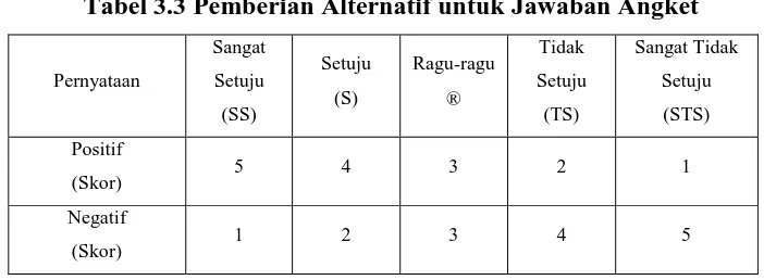 Tabel 3.3 Pemberian Alternatif untuk Jawaban Angket 