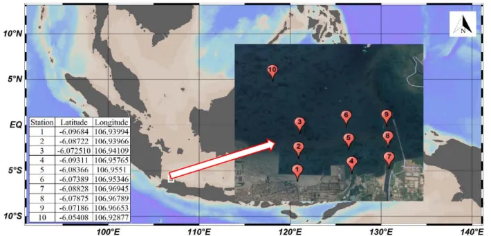 Gambar  1.  Peta  lokasi  penelitian  pengambilan  sampel  di  sepuluh  titik  stasiun  di  perairan  Cilincing,  Teluk  Jakarta