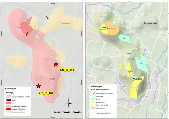 Gambar 1. (a) Peta geologi dan (b) peta alterasi daerah Wungkal, Godean, Yogyakarta. 