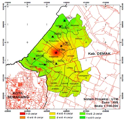 Gambar IV.4.Peta Zona Penurunan Tanah di Kecamatan Sayung dengan Metode Radial 