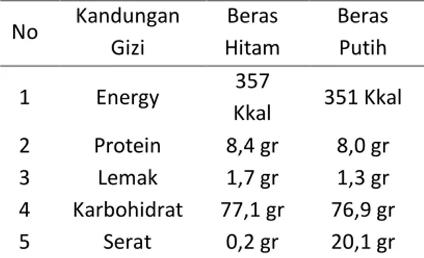 Tabel 2. Kandungan gizi dari nasi putih,  coklat, merah dan nasi hitam 