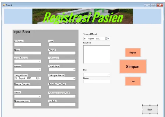 Gambar  6  memperlihatkan  tampilan  menu  tambah  pasien  untuk  input  data  pasien  baru