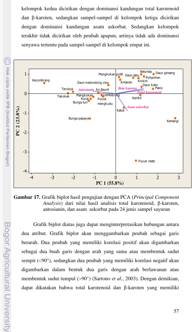 Gambar 17. Grafik biplot hasil pengujian dengan PCA (Principal Component  Analysis)  dari  nilai  hasil  analisis  total  karotenoid,  β-karoten,  antosianin, dan asam  askorbat pada 24 jenis sampel sayuran 