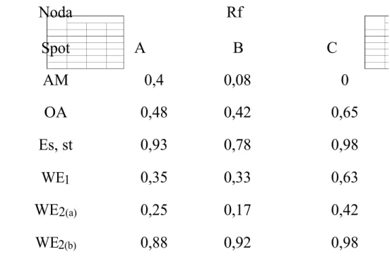 Tabel 1. Data Nilai Rf dari 3 perlakukan terhadap enzim  Noda Rf  Spot A B C AM 0,4 0,08 0 OA 0,48 0,42 0,65 Es, st 0,93 0,78 0,98 WE 1 0,35 0,33 0,63 WE 2 (a) 0,25 0,17 0,42 WE 2 (b) 0,88 0,92 0,98 Keterangan :