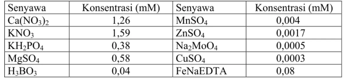 Tabel III. 1.  Kandungan kimiawi larutan nutrisi kultur tanaman dengan sistem  aeroponik*