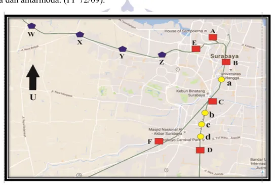 Gambar 1. Peta Stasiun dan shelter KA Penumpang di Kota Surabaya  Sumber: PT KAI DAOP VIII Surabaya 