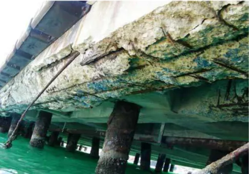 Gambar 4.1.  Elemen beton pada konstruksi dermaga yang mengelupas   akibat terekspose lingkungan air laut 