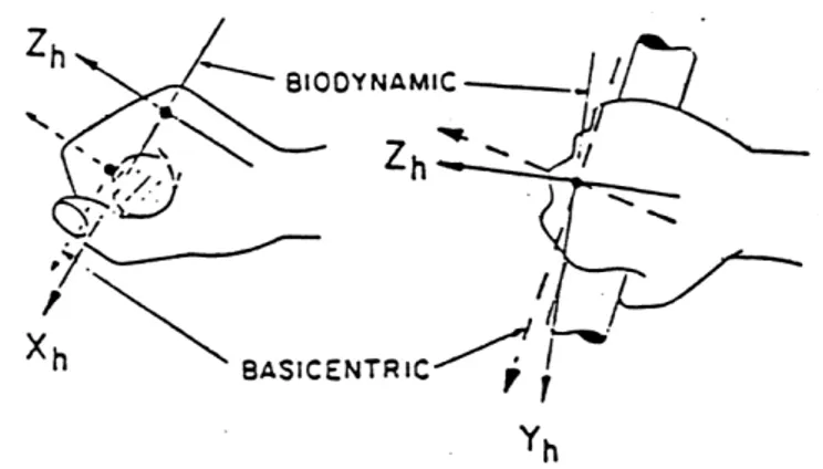 Gambar 2. Sistem Biodinamik dan Biosentrik  Tangan  menunjukkan  Arah Aksis Akselerasi Getaran (Sumber: 