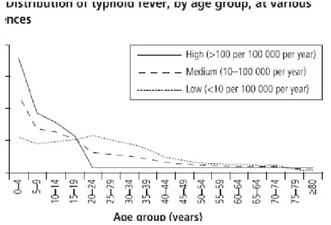Gambar 1. Distribusi demam tifoid berdasarkan kelompok usia pada beragam insiden 8