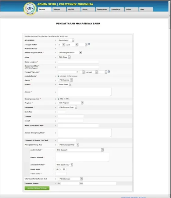 Gambar 10. Form input pendaftaran mahasiswa baru (D3) 