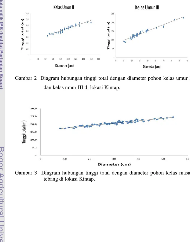 Gambar 2  Diagram  hubungan tinggi  total  dengan diameter pohon  kelas  umur  II  dan kelas umur III di lokasi Kintap
