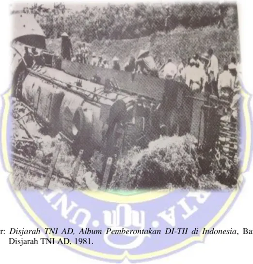 Foto  kereta  yang  terguling  setelah  penyerangan  dan  sabotase  yang  dilakukan  oleh  DI/TII di Warungbandrek, Garut pada tanggal 28 Maret 1953