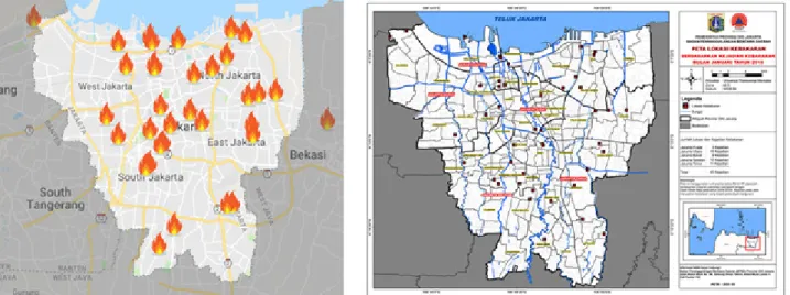 Gambar 4. Peta kejadian kebakaran berdasarkan data mining Twitter (kiri) dan BPBD (kanan) Bulan September 2018 (BPBD DKI Jakarta, 2018).