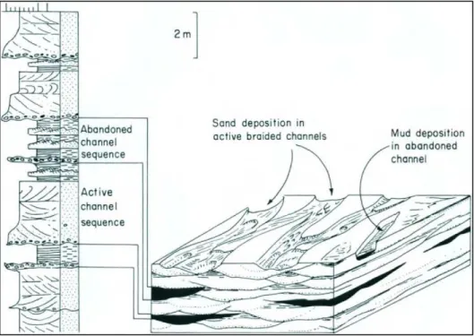 Gambar 2.7 Sub-lingkungan pengendapan dan sikuen sedimentasi pada channel  braided (Selley, 1982) 