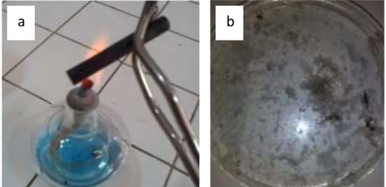 Gambar 4.1 (a) Proses pemanasan batang karbon, (b) Pengotor lilin. 