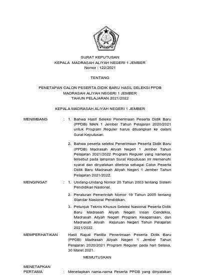 SURAT KEPUTUSAN KEPALA MADRASAH ALIYAH NEGERI 1 JEMBER Nomor : 122/2021 ...