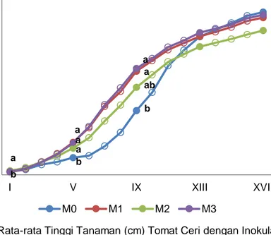 Ilustrasi 1. Rata-rata Tinggi Tanaman (cm) Tomat Ceri dengan Inokulasi CMA bbbaaaaabaa020406080100120140160IVIXXIIIXVIIM0M1M2M3