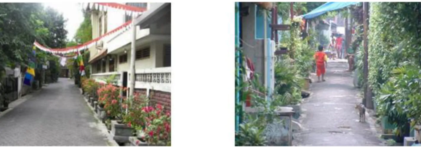 Gambar 1 a-b: Penghijauan kompleks rumah di Banjarsari (Purnomohadi, 2007) dan  