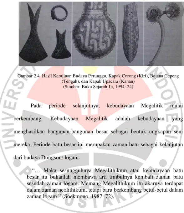 Gambar 2.4  Hasil Kerajinan Budaya Perunggu, Kapak Corong (Kiri), Bejana Gepeng  (Tengah), dan Kapak Upacara (Kanan) 