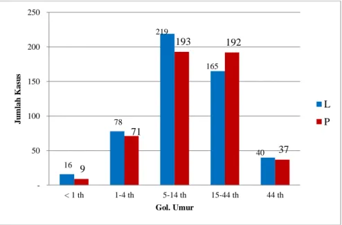 Gambar 5 Grafik Kasus DBD Menurut Golongan Umur dan   Jenis Kelamin di Kota Cimahi Tahun 2019 