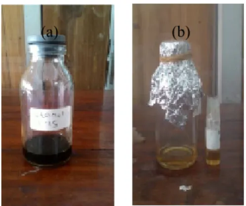 Gambar  1.  Minyak  cengkeh  dengan  pelarut  etanol (a) dan dengan pelarut n-heksana (b)