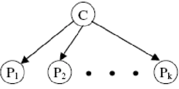 Gambar 6 Klasifikasi Naïve Bayes Sebagai Jaringan Bayes dengan Atribut Prediksi (P1, P2, …….Pk)  dan Kelas (C) (Destuardi &amp; Sumpeno, 2009) 